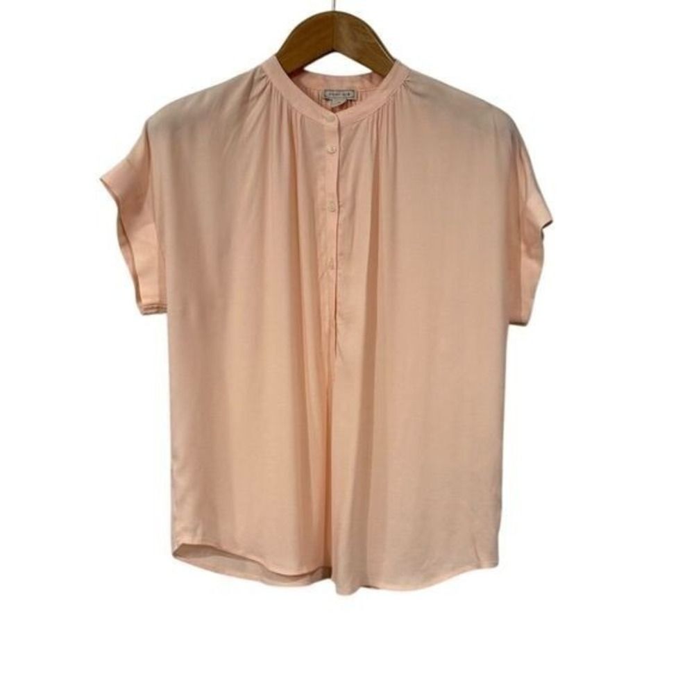 Point Sur Womens Top Short Sleeve Blouse Size S Pink Mandarin Collar Workwear